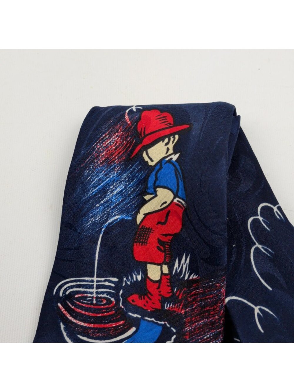 Vintage Dimoda  Hand-Made Novelty Silk Tie Retro Cartoon Boy River Nature